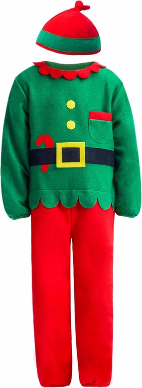 IKALI Kids Christmas Santa Elf Costume, Xmas Jumpsuit with Hat Fancy Dress Outfit for Boys 3-10 Years