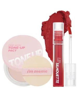 I'M MEME Compact - Tone-up Pact, 0.35 Oz   Lip Silhouette Matte Velvet Tint - 02 Highteen Red, 4mL Bundle