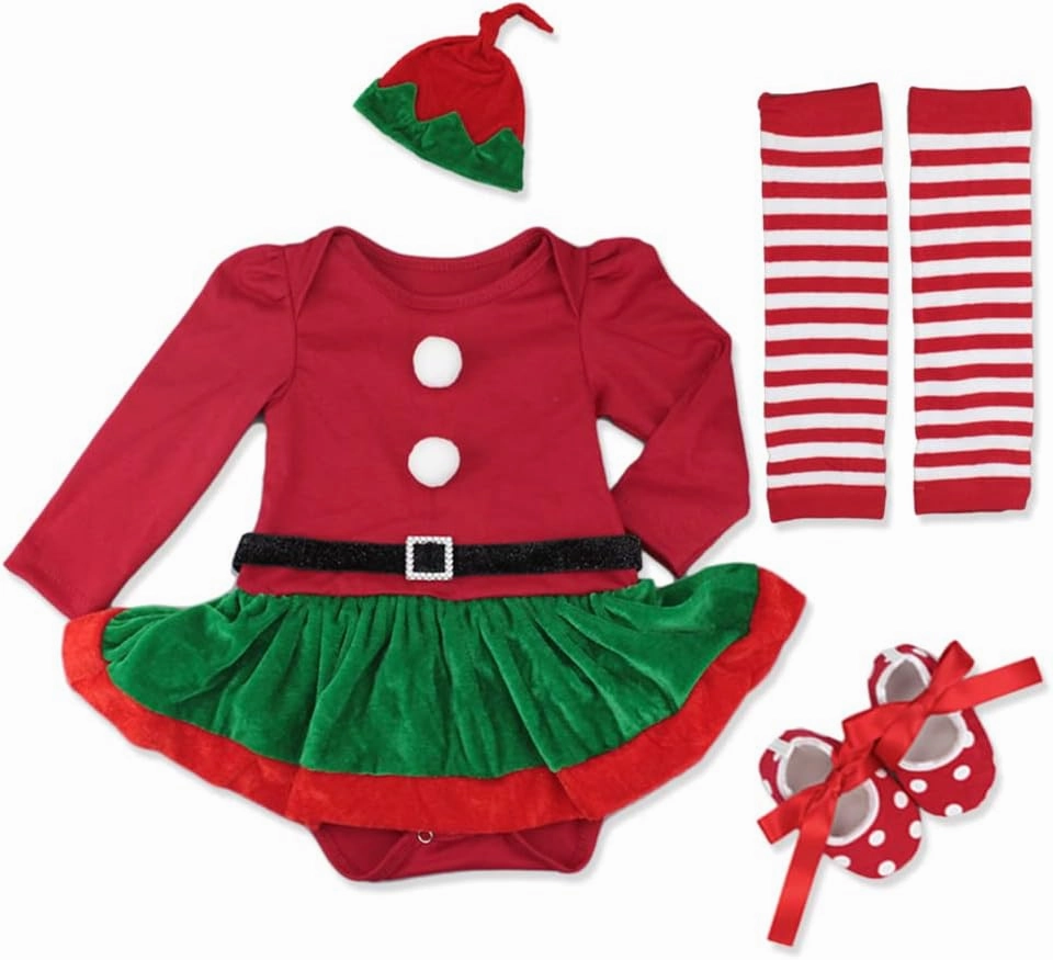 IMEKIS Newborn Baby Girls 1st Christmas Outfit Santa Elf Costume Romper Dress with Hat Shoes Set for Xmas Holiday Photo Shoot