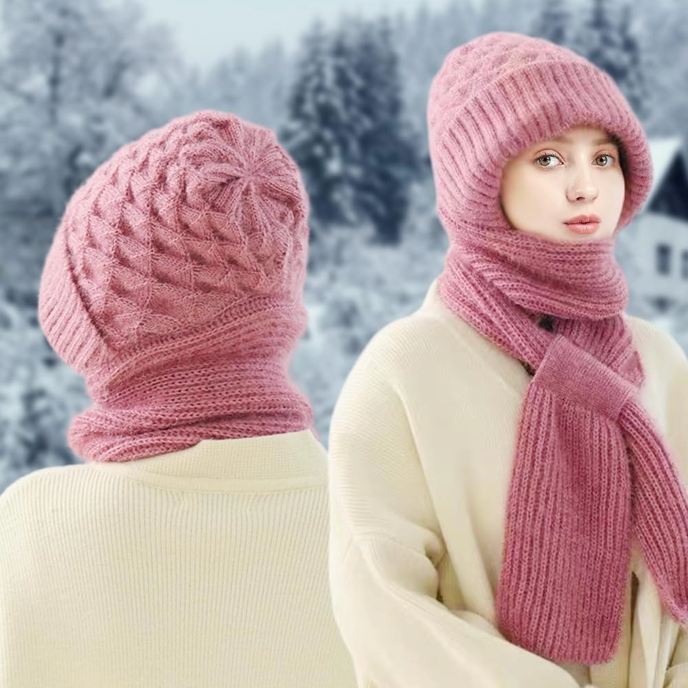 Integrated Ear Protection Windproof Cap & Scarf Set Ear Warmers for Women, Knitted Beanie Hat