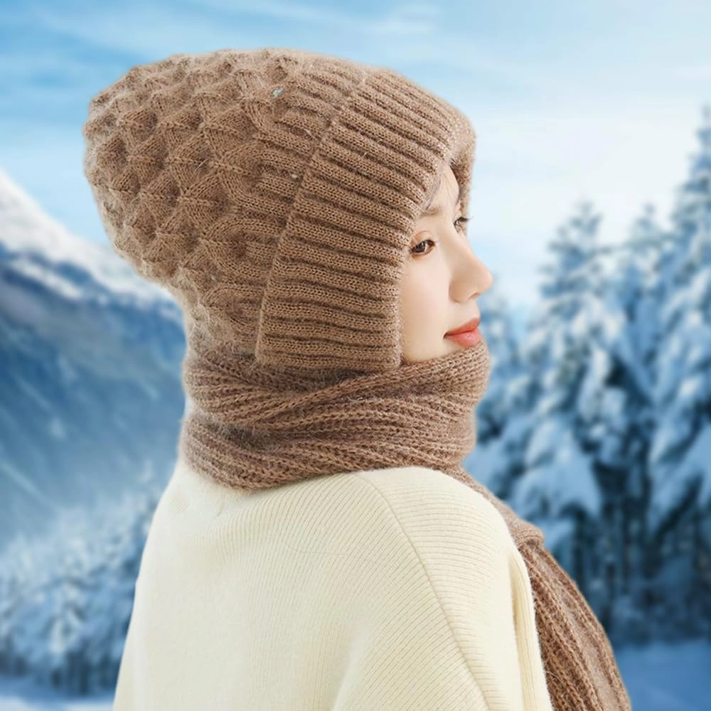 Integrated Ear Protection Windproof Cap & Scarf Set Ear Warmers for Women, Knitted Beanie Hat