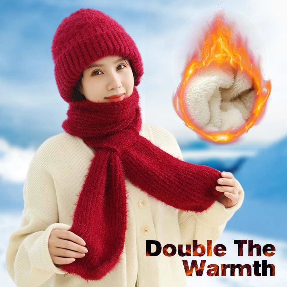 Integrated Ear Protection Windproof Cap & Scarf Set Ear Warmers for Women, Knitted Beanie Hat