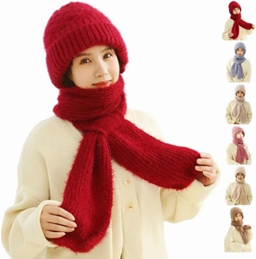 Integrated Ear Protection Windproof Cap & Scarf Set Ear Warmers for Women, Knitted Beanie Hat