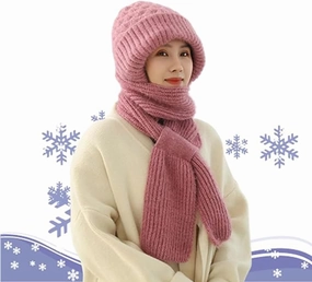 Integrated Ear Protection Windproof Cap Scarf, Double Layer Warm Knitted Scarf hat,Thickening Beanie Hat Scarf (Pink,One Size)
