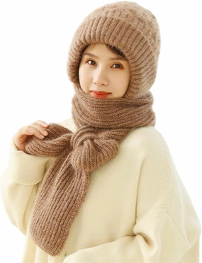 Integrated Ear Protection Windproof Cap Scarf, Elastic Warm Ear Protection Knitted Beanie Hats, Winter Hat and Scarf Set