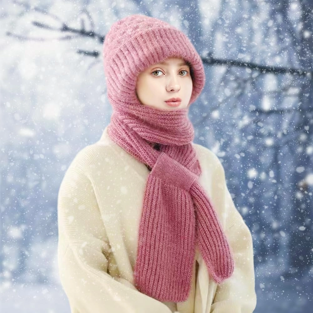 Integrated Ear Protection Windproof Cap Scarf,Elastic Warm Ear Protection Knitted Hat Scarf,Winter Windproof Hat for Women