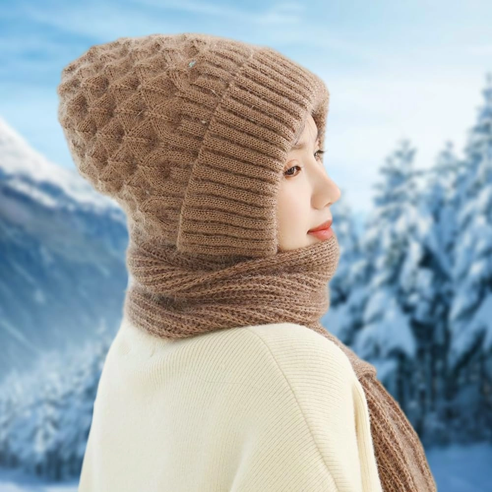 Integrated Ear Protection Windproof Cap Scarf,Elastic Warm Ear Protection Knitted Hat Scarf,Winter Windproof Hat for Women
