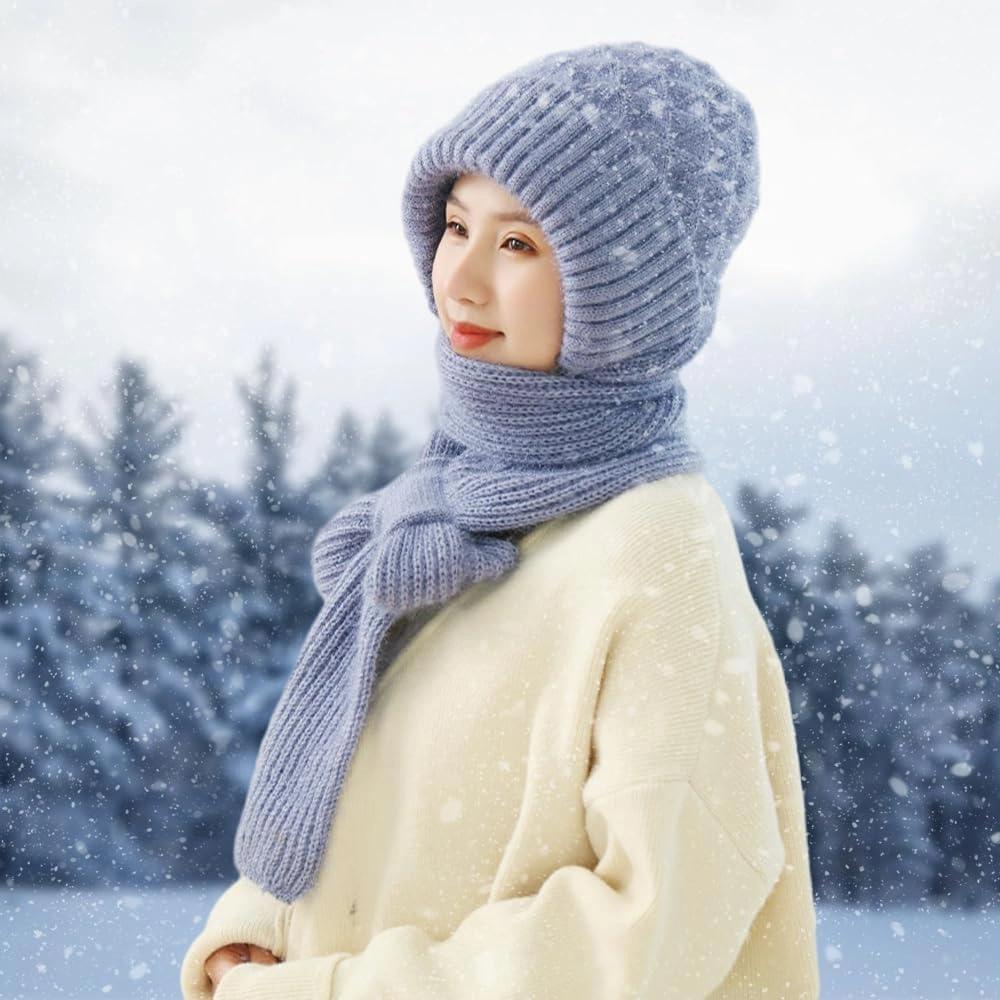 Integrated Ear Protection Windproof Cap Scarf,Elastic Warm Ear Protection Knitted Hat Scarf,Winter Windproof Hat for Women