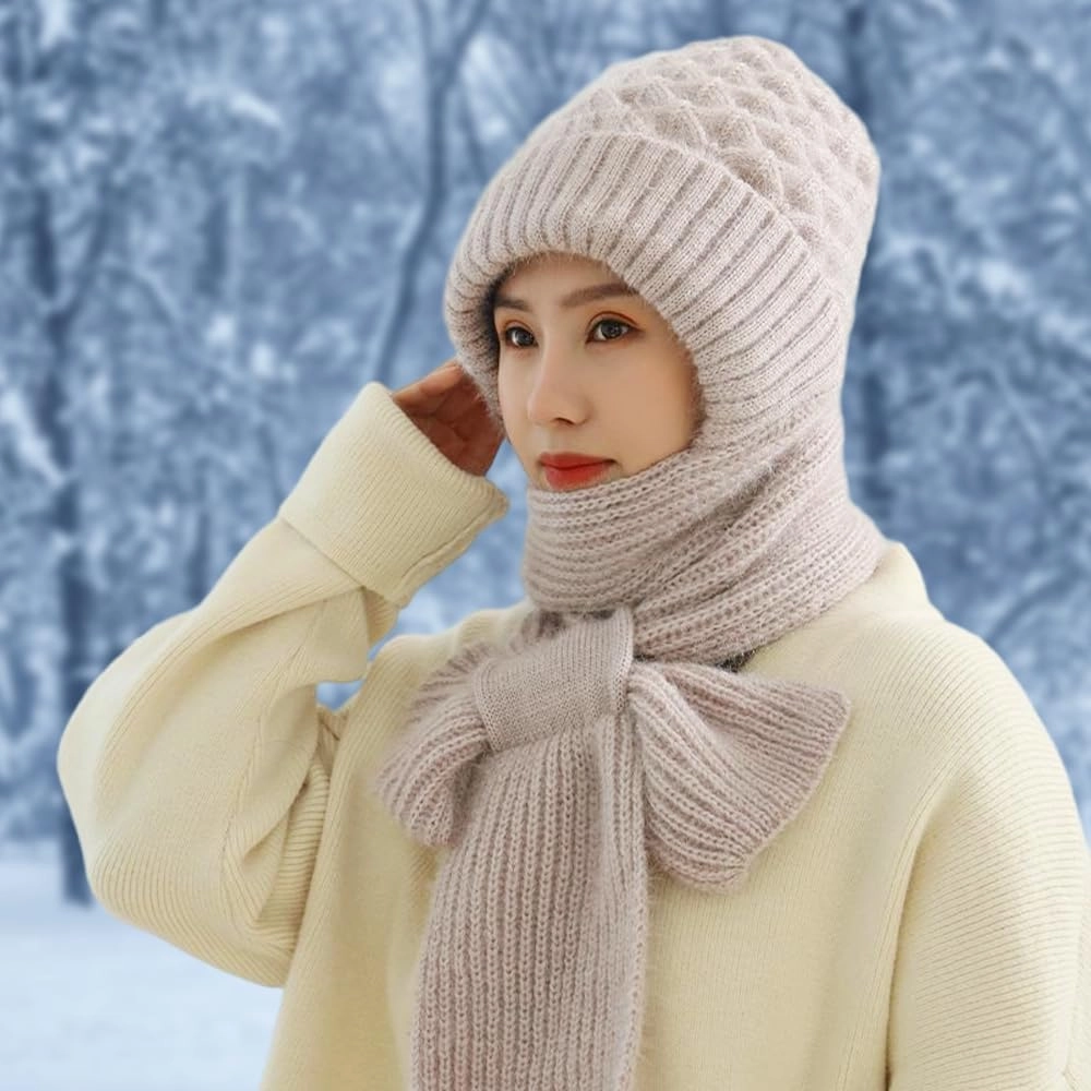 Integrated Ear Protection Windproof Cap Scarf,Elastic Warm Ear Protection Knitted Hat Scarf,Winter Windproof Hat for Women
