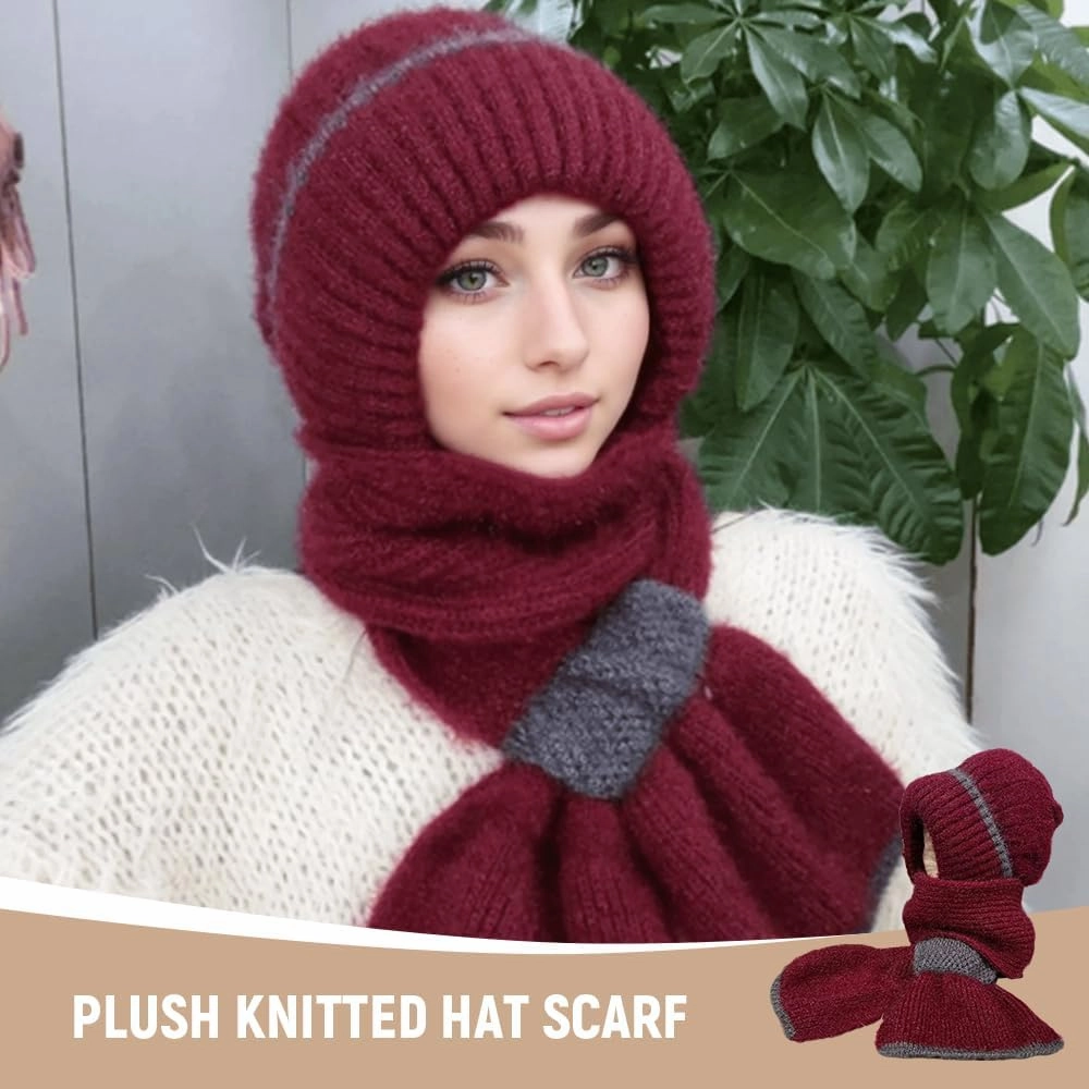 Integrated Ear Protection Windproof Cap Scarf, Elastic Warm Ear Protection Knitted Hat, Winter Hat Scarf for Women