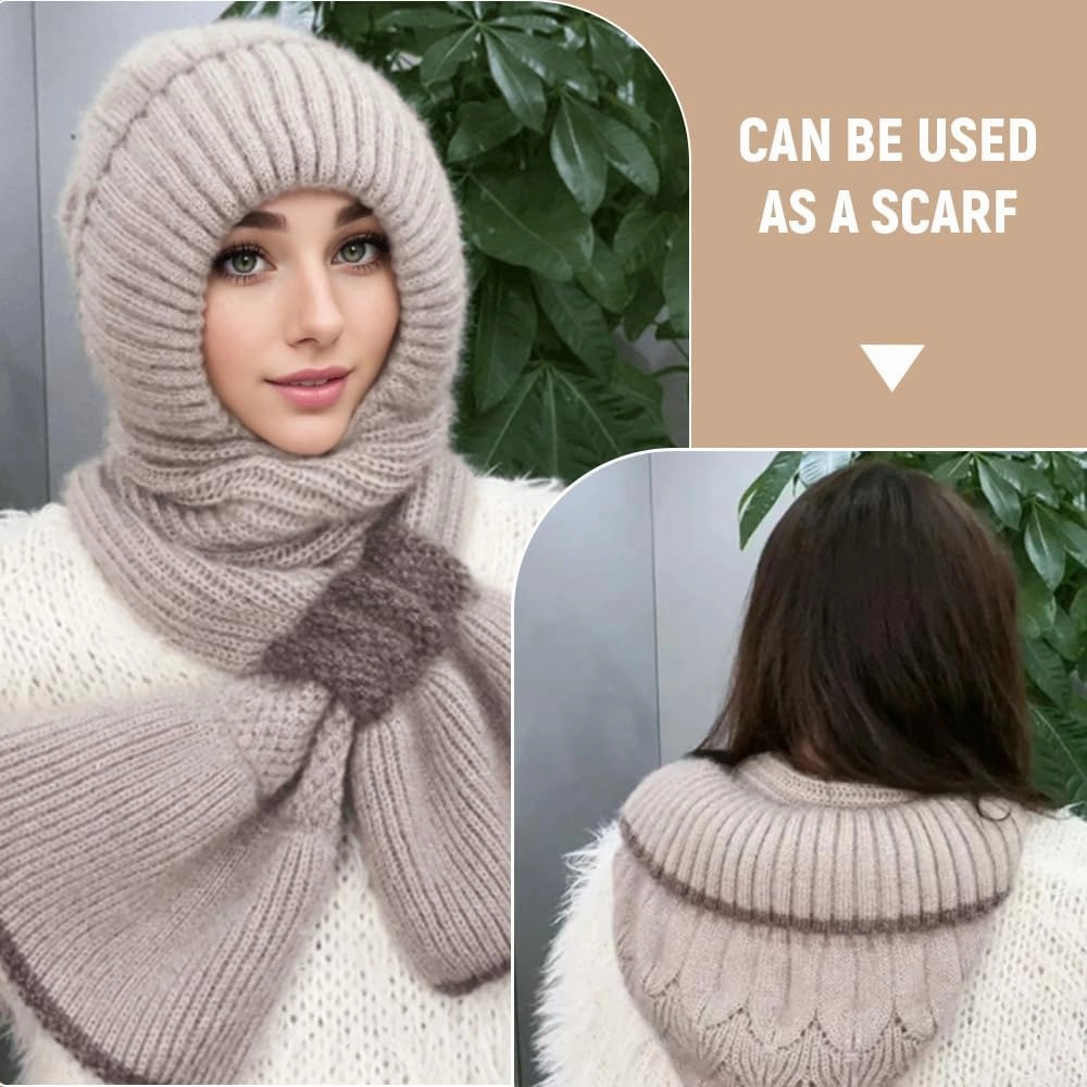 Integrated Ear Protection Windproof Cap Scarf, Elastic Warm Ear Protection Knitted Hat, Winter Hat Scarf for Women