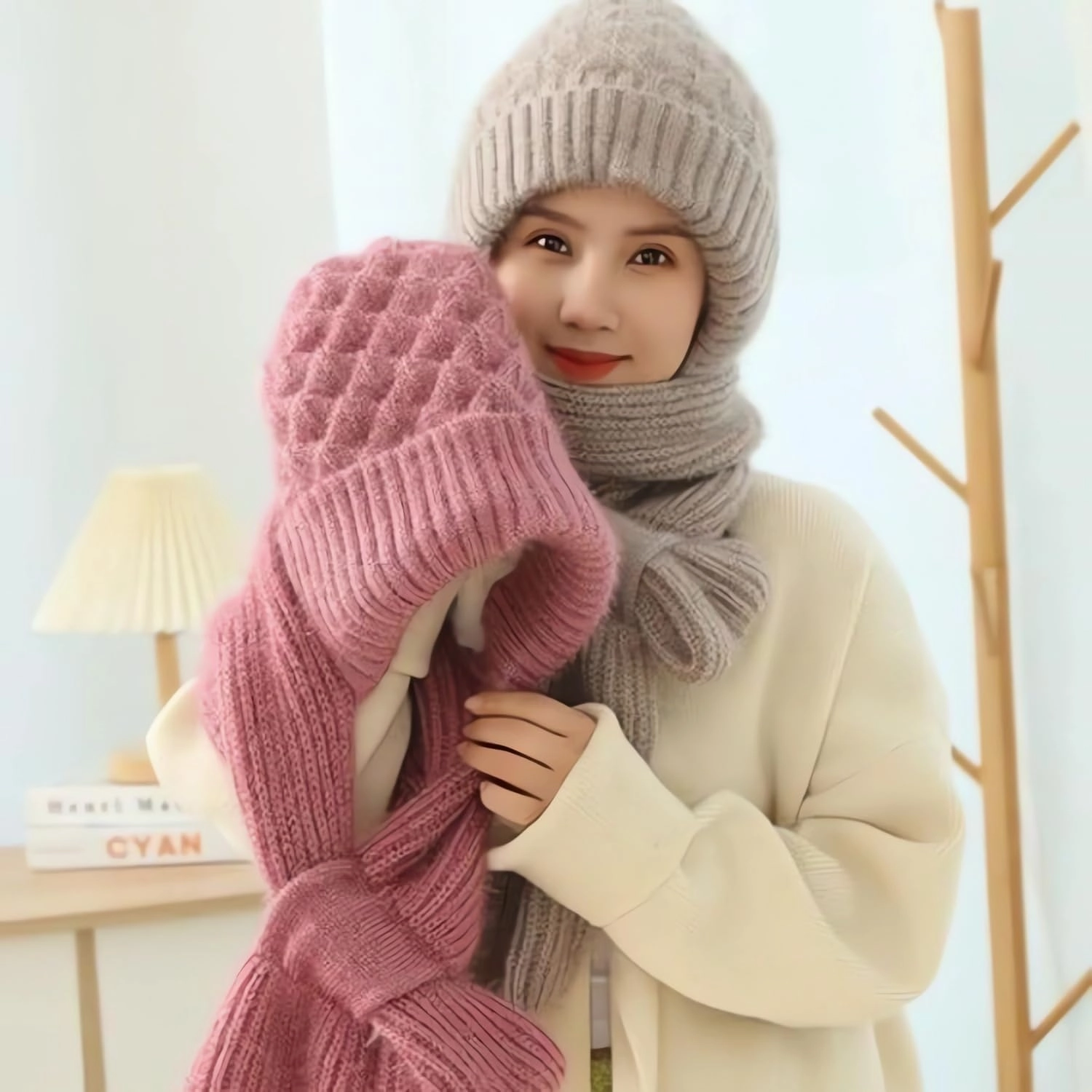 Integrated Ear Protection Windproof Cap Scarf, Winter Knitting Thick Hooded Scarf, 2 in 1 Mask Scarf Knitted Hat