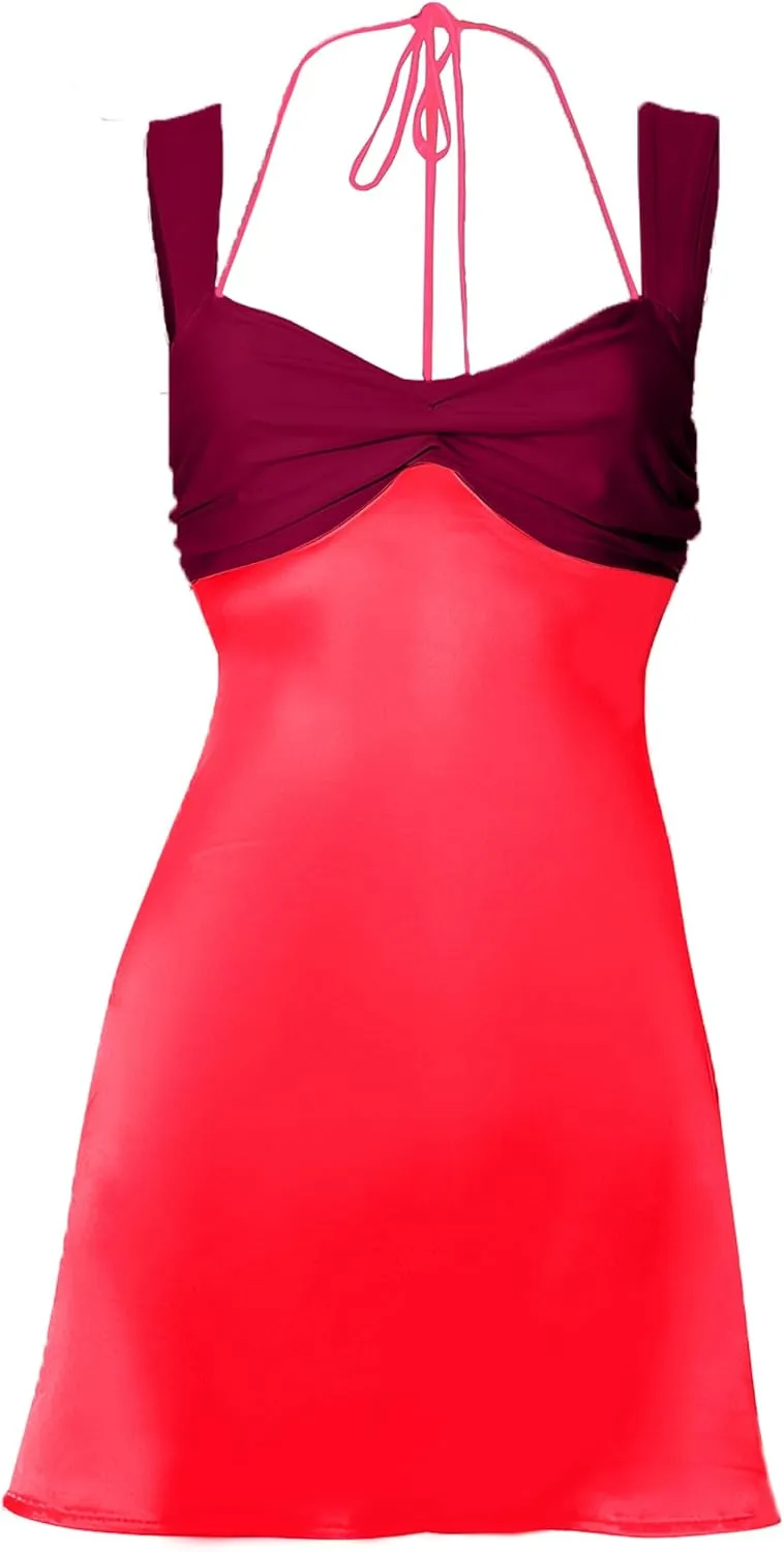 ISZPLUSH Women’s Mini Dress Patchwork Sleeveless Strapless Lace Up High Waist A-line Elegant Party Clubwear Short Dress