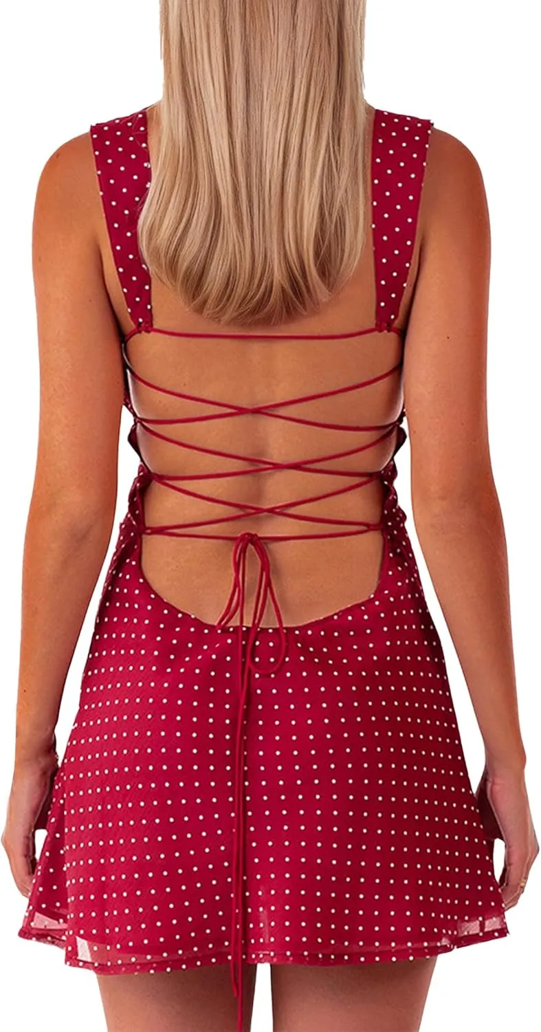 ISZPLUSH Women’s Mini Dress Patchwork Sleeveless Strapless Lace Up High Waist A-line Elegant Party Clubwear Short Dress