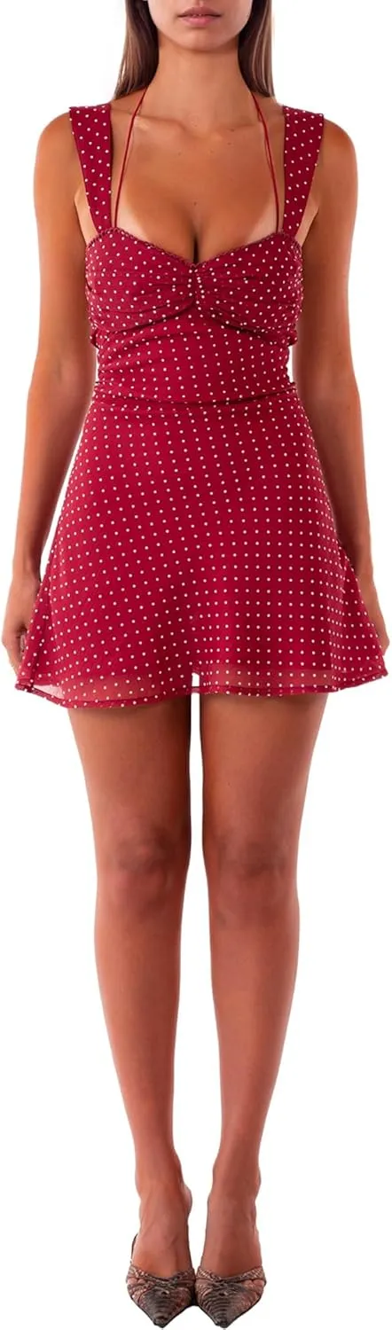 ISZPLUSH Women’s Mini Dress Patchwork Sleeveless Strapless Lace Up High Waist A-line Elegant Party Clubwear Short Dress