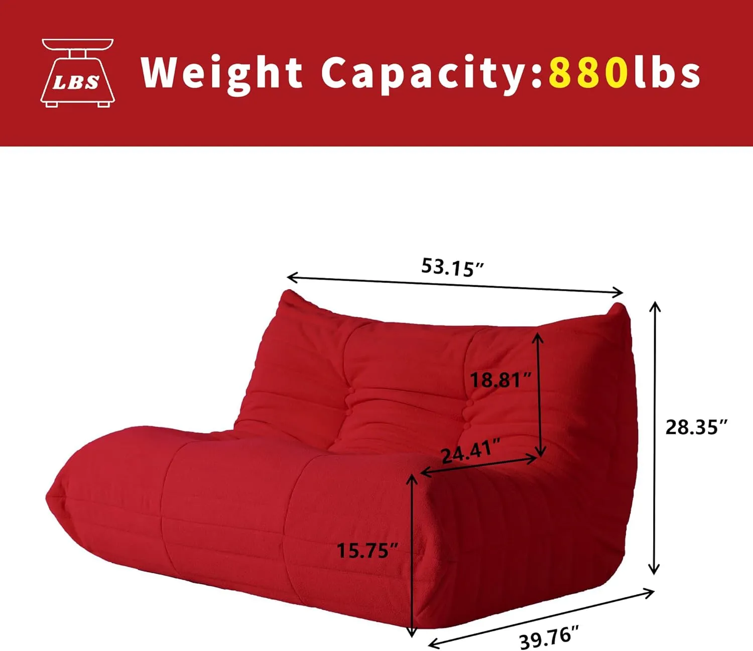 JACH 53" Comfy Lazy Floor Sofa Couch, Teddy Velvet Mohair Fireside Corner Bean Bag Chairs for Adults, Soft Lounge Foam-Filled Accent 2-Seat Chair for Living Room Bedroom Office Salon, Red