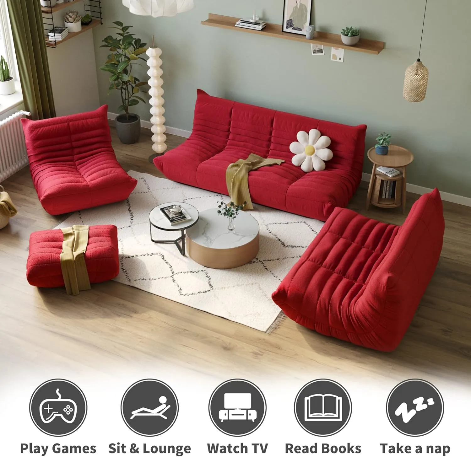 JACH 53" Comfy Lazy Floor Sofa Couch, Teddy Velvet Mohair Fireside Corner Bean Bag Chairs for Adults, Soft Lounge Foam-Filled Accent 2-Seat Chair for Living Room Bedroom Office Salon, Red