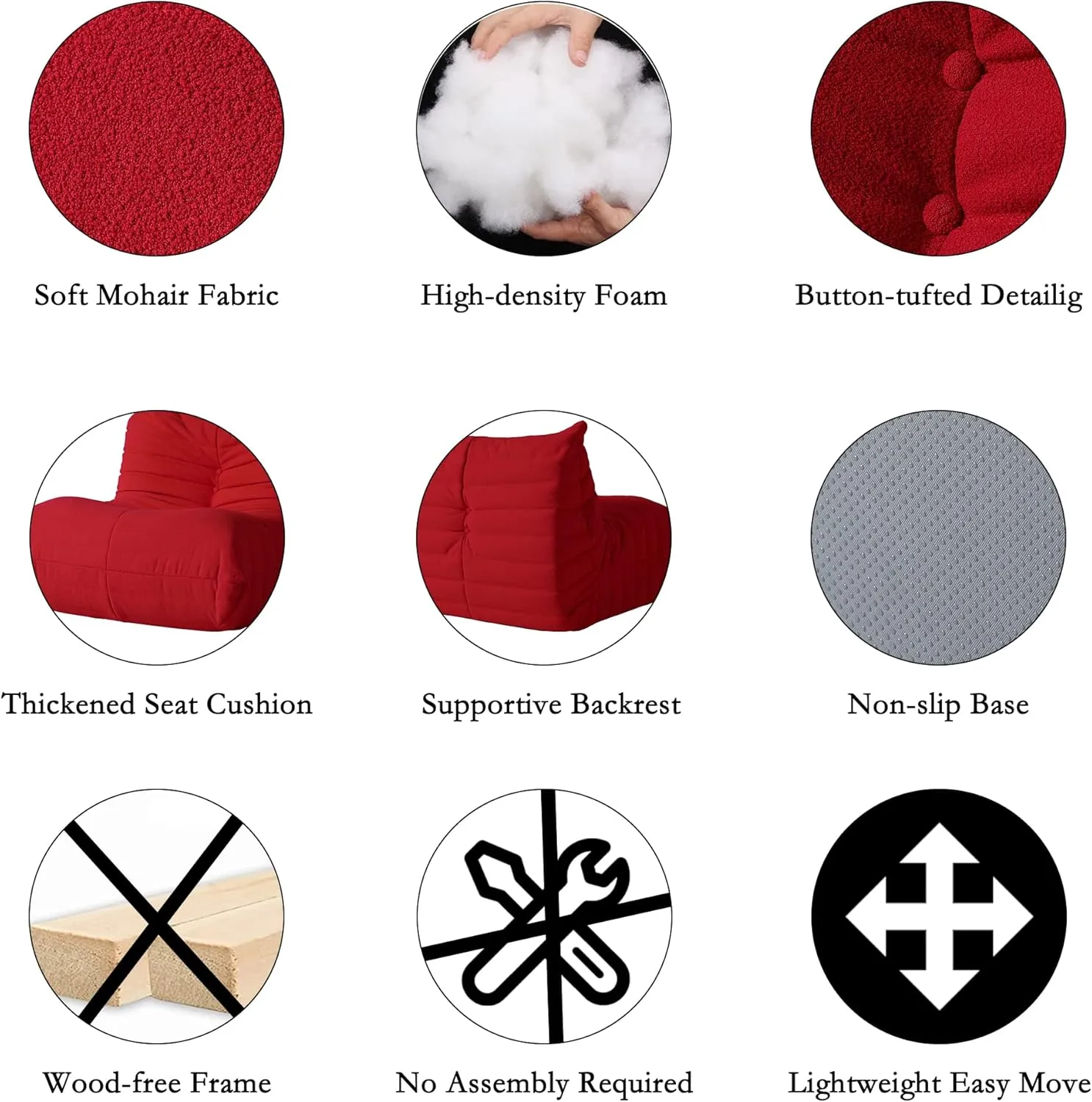 JACH 53" Comfy Lazy Floor Sofa Couch, Teddy Velvet Mohair Fireside Corner Bean Bag Chairs for Adults, Soft Lounge Foam-Filled Accent 2-Seat Chair for Living Room Bedroom Office Salon, Red