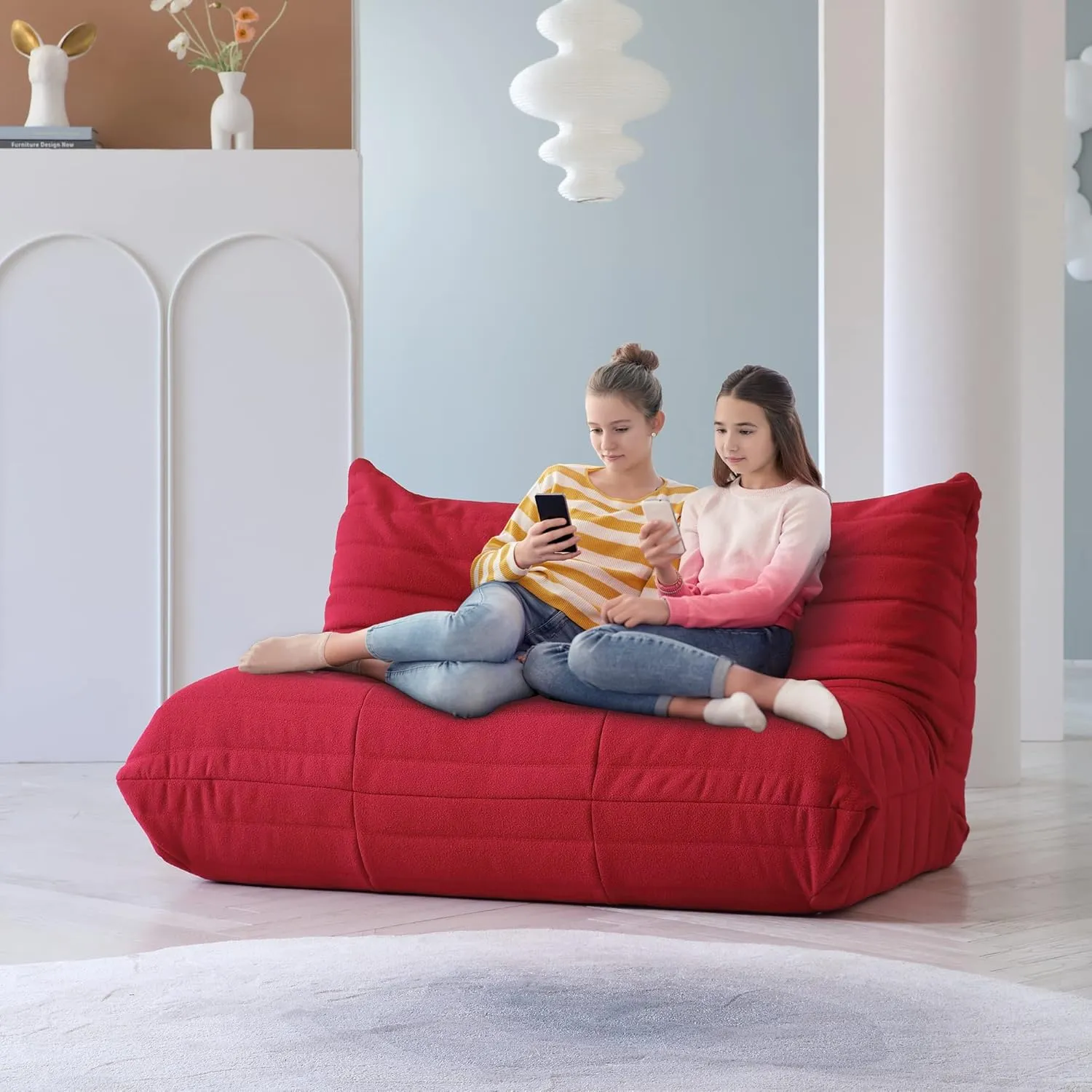 JACH 53" Comfy Lazy Floor Sofa Couch, Teddy Velvet Mohair Fireside Corner Bean Bag Chairs for Adults, Soft Lounge Foam-Filled Accent 2-Seat Chair for Living Room Bedroom Office Salon, Red