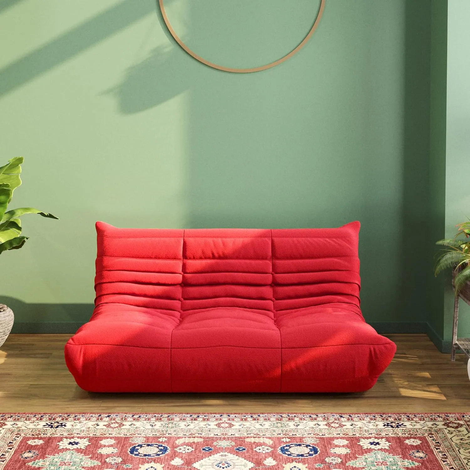JACH 53" Comfy Lazy Floor Sofa Couch, Teddy Velvet Mohair Fireside Corner Bean Bag Chairs for Adults, Soft Lounge Foam-Filled Accent 2-Seat Chair for Living Room Bedroom Office Salon, Red