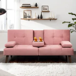 JAMFLY Futon Couch Sofa Bed Convertible, Small Sleeper Sofa Chair Loveseat with Cup Holder for Small Spaces, Living Room, Bedroom, Gameroom, Apartment, Dorm (Pink)