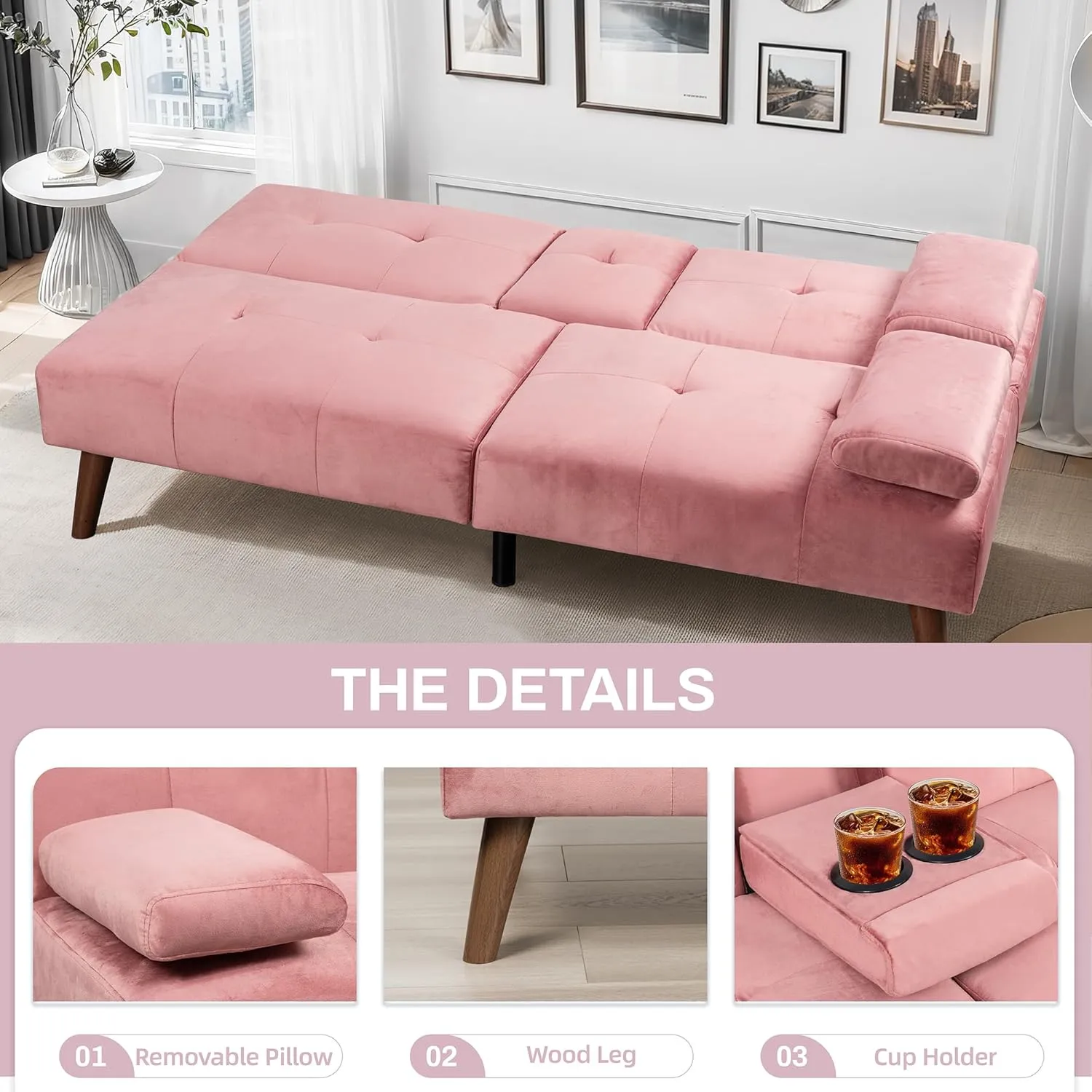 JAMFLY Futon Couch Sofa Bed Convertible, Small Sleeper Sofa Chair Loveseat with Cup Holder for Small Spaces, Living Room, Bedroom, Gameroom, Apartment, Dorm (Pink)