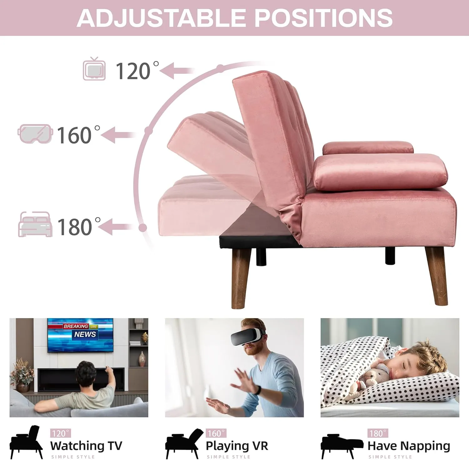 JAMFLY Futon Couch Sofa Bed Convertible, Small Sleeper Sofa Chair Loveseat with Cup Holder for Small Spaces, Living Room, Bedroom, Gameroom, Apartment, Dorm (Pink)