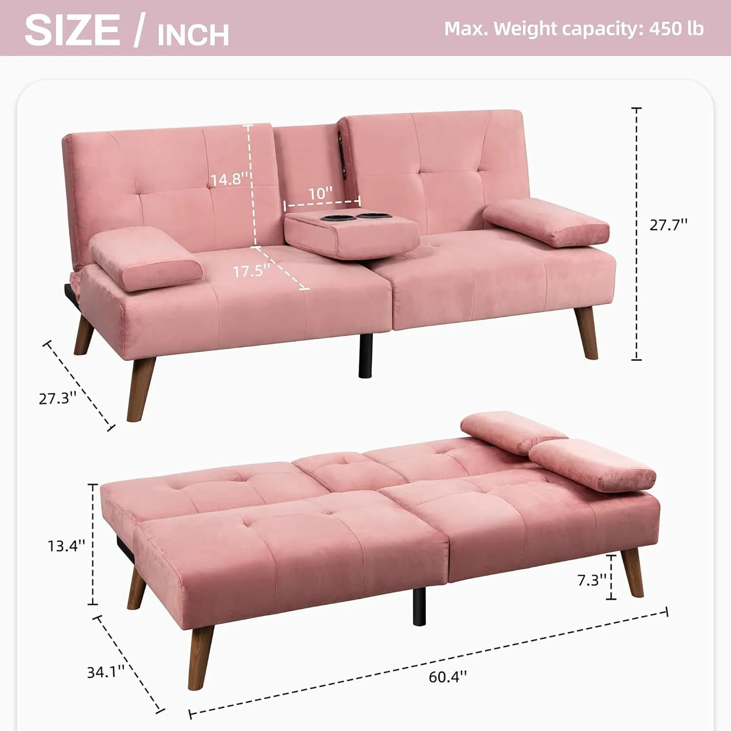 JAMFLY Futon Couch Sofa Bed Convertible, Small Sleeper Sofa Chair Loveseat with Cup Holder for Small Spaces, Living Room, Bedroom, Gameroom, Apartment, Dorm (Pink)