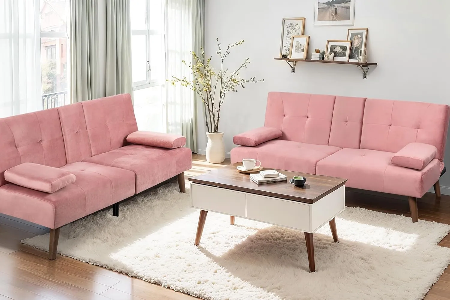JAMFLY Futon Couch Sofa Bed Convertible, Small Sleeper Sofa Chair Loveseat with Cup Holder for Small Spaces, Living Room, Bedroom, Gameroom, Apartment, Dorm (Pink)
