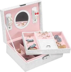 Jewellery Box Women Large White Jewelry Case 2 Levels with Key And Mirror, PU Leather for Necklaces,Rings Earrings Bracelets An Watch,Pink (Black) (White)