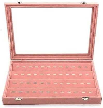 Jewellery Storage Velvet Jewelry Storage Box With Glass Cover Pink Color Earrings Necklace Bracelet Ring Storage Tray Pendant Box