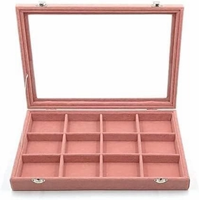 Jewellery Storage Velvet Jewelry Storage Box With Glass Cover Pink Color Earrings Necklace Bracelet Ring Storage Tray12 Slots