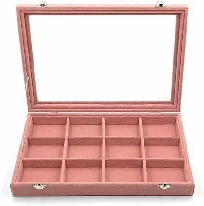 Jewellery Storage Velvet Jewelry Storage Box With Glass Cover Pink Color Earrings Necklace Bracelet Ring Storage Tray12 Slots