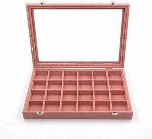 Jewellery Storage Velvet Jewelry Storage Box With Glass Cover Pink Color Earrings Necklace Bracelet Ring Storage Tray24 Slot