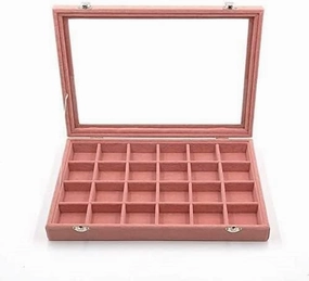 Jewellery Storage Velvet Jewelry Storage Box With Glass Cover Pink Color Earrings Necklace Bracelet Ring Storage Tray24 Slot