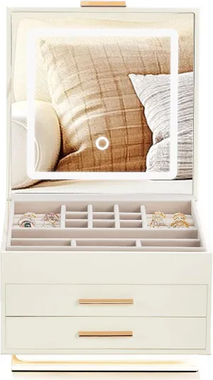 Jewelry Box for Women Girl Wife with LED Mirror, Elegant Jewelry Storage Organizer with 3-Color Mirror Light & Ambient Glow – White Cabinet & Pink Velvet (23x23x17cm)
