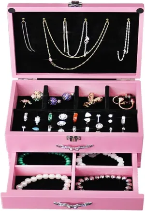 Jewelry Box Nordic Solid Wood Jewelry Holder Princess Earring Storage Box Ladies Double Layer Jewelry Box, No Jewelry Watch Cabinets (Color : Pink, Size : 201511cm)