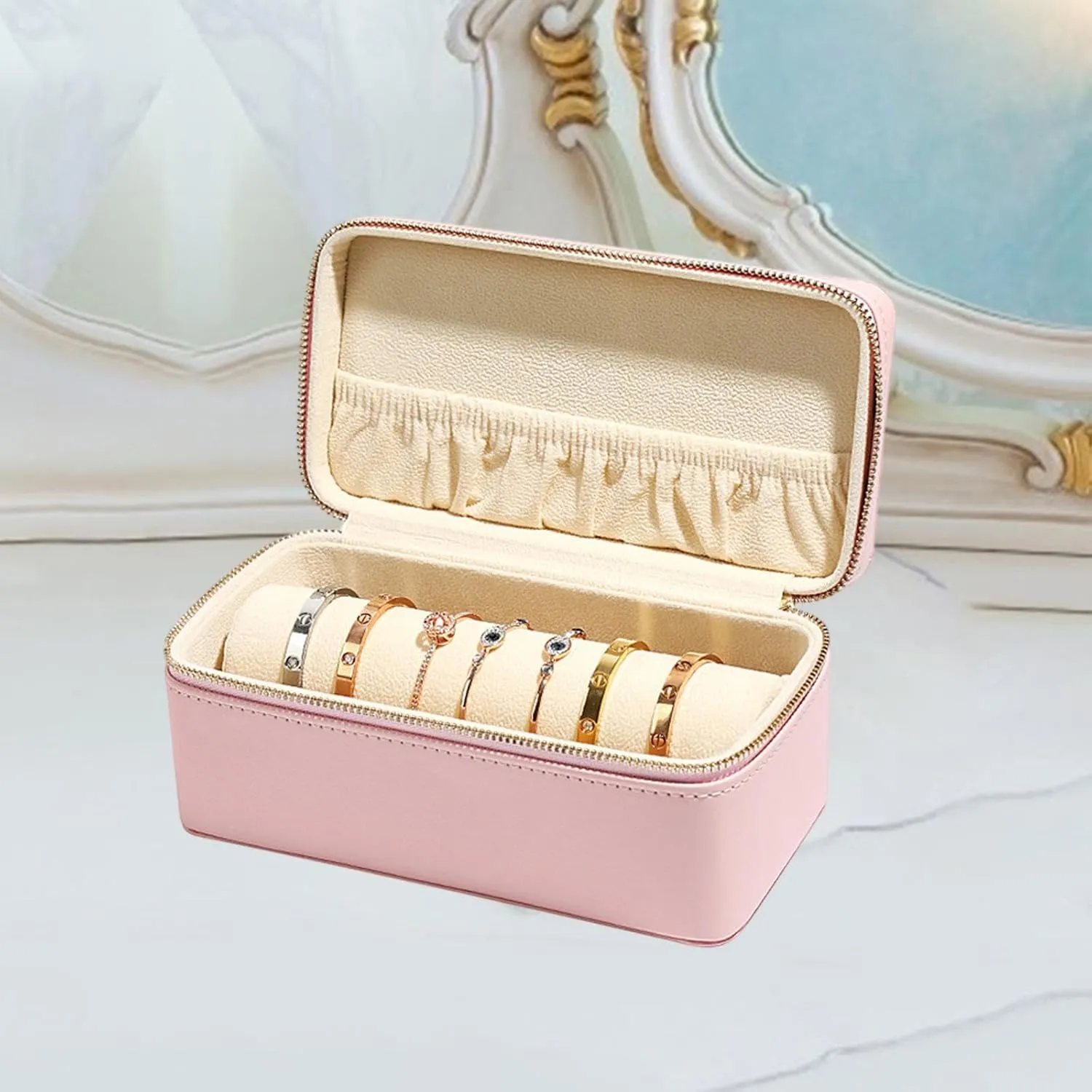 Jewelry Box Watch Storage Box Jewellery Packaging Portable Jewelry Travel Case Bangle Box for Anniversary Dresser Bracelets, Pink