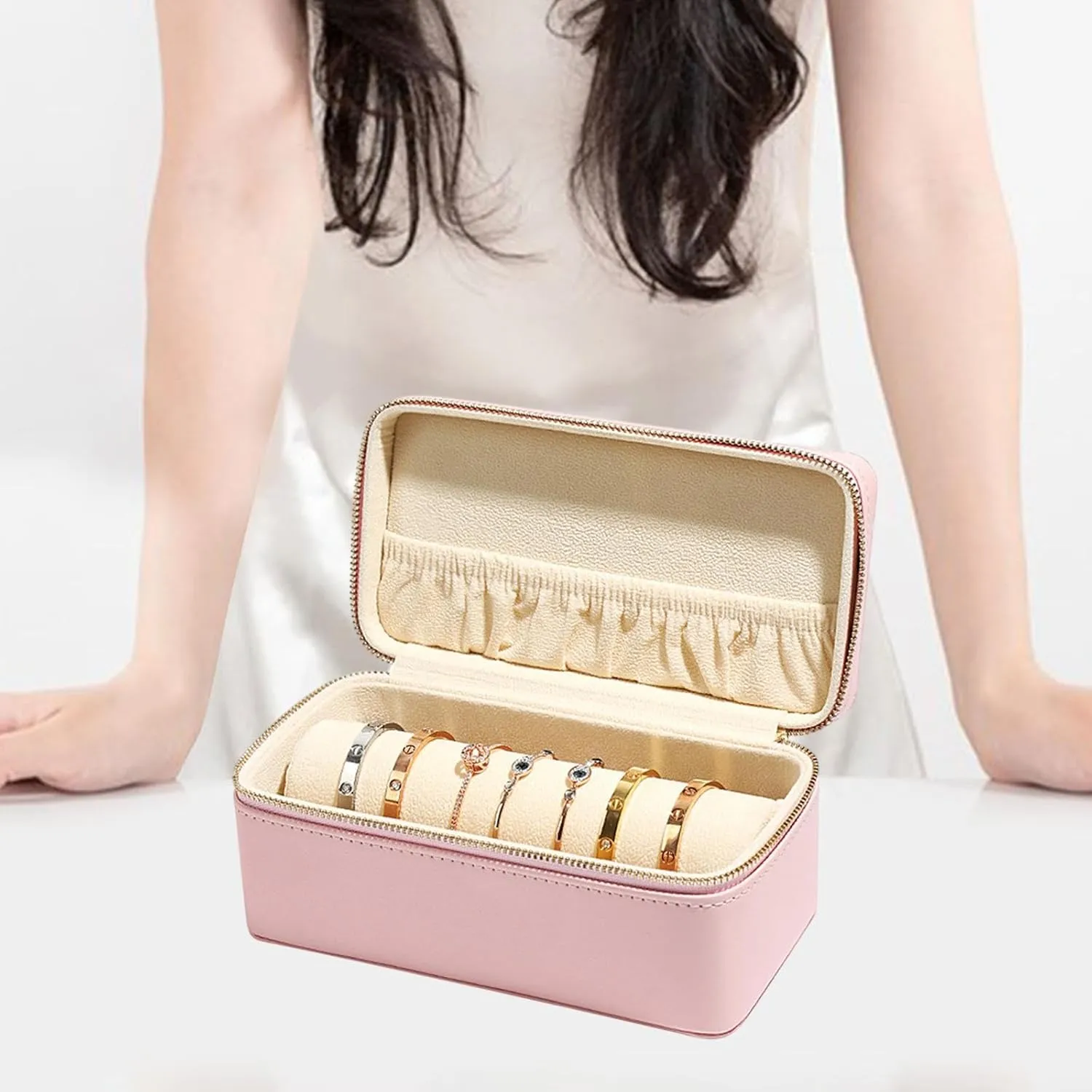 Jewelry Box Watch Storage Box Jewellery Packaging Portable Jewelry Travel Case Bangle Box for Anniversary Dresser Bracelets, Pink