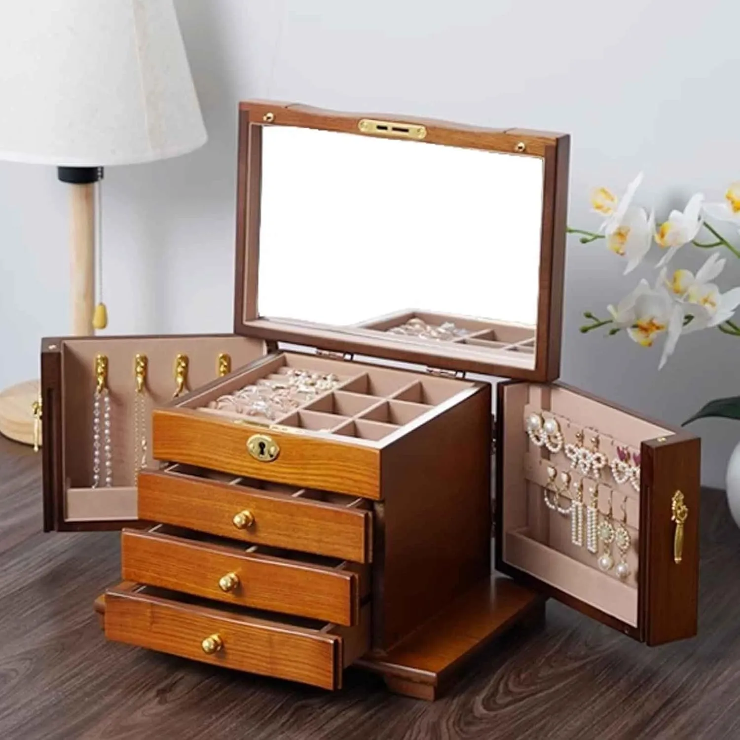 Jewelry Cabinet, Jewelry Armoires, Jewelry Box with Mirror, Lock, Drawers for Rings, Necklaces, Earrings, and Watches,Pink(Brown)
