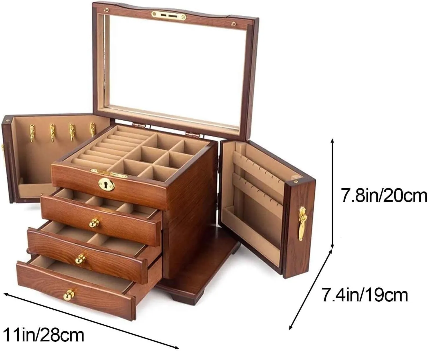 Jewelry Cabinet, Jewelry Armoires, Jewelry Box with Mirror, Lock, Drawers for Rings, Necklaces, Earrings, and Watches,Pink(Brown)