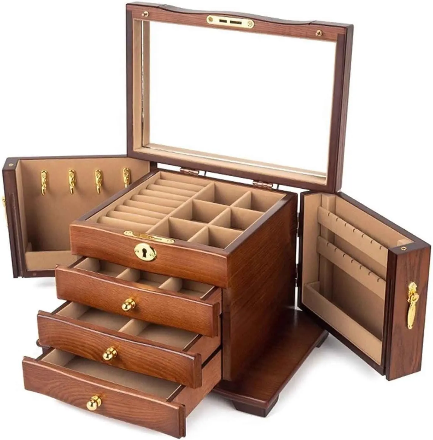 Jewelry Cabinet, Jewelry Armoires, Jewelry Box with Mirror, Lock, Drawers for Rings, Necklaces, Earrings, and Watches,Pink(Brown)