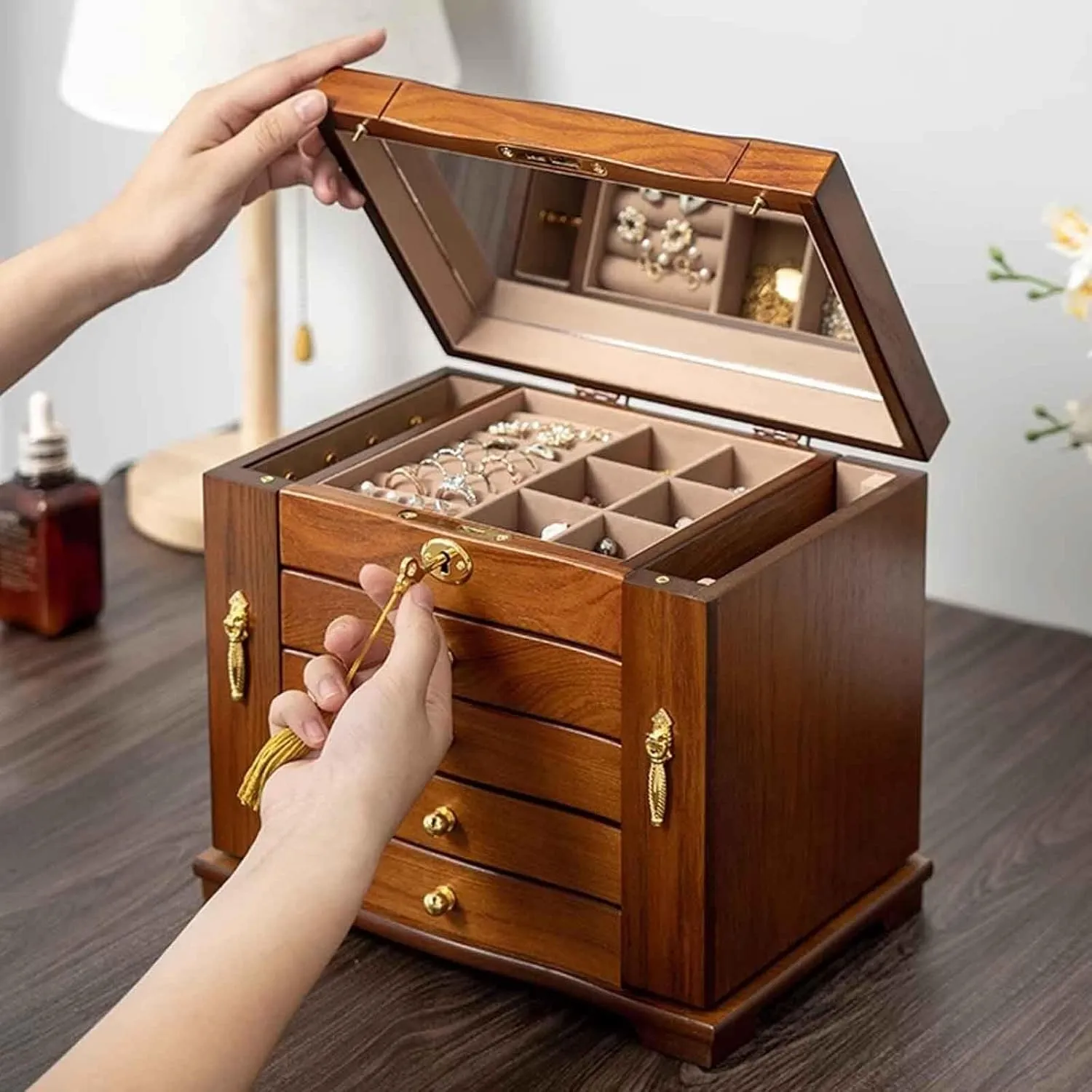 Jewelry Cabinet, Jewelry Armoires, Jewelry Box with Mirror, Lock, Drawers for Rings, Necklaces, Earrings, and Watches,Pink(Brown)
