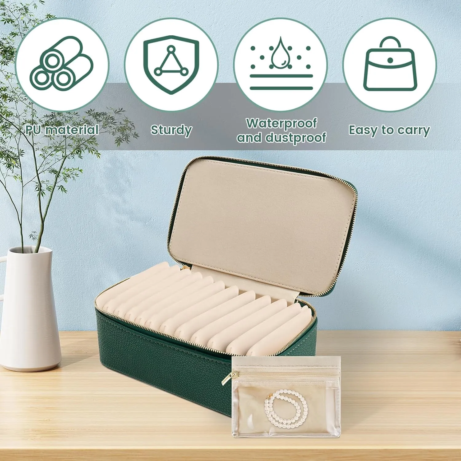Jewelry Case with 12 Velvet Zipper Pouches Portable Jewelry Box with Zipper for Rings Earrings Necklaces Bracelets(green)