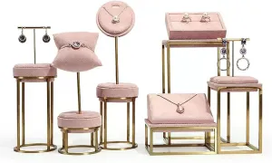 Jewelry Organizer 6 Piece Pink Velvet Jewelry Display Set Earring Holder Necklace Display Bracelet Display Set for Retail Jewelry and Home Jewelry Display Stand