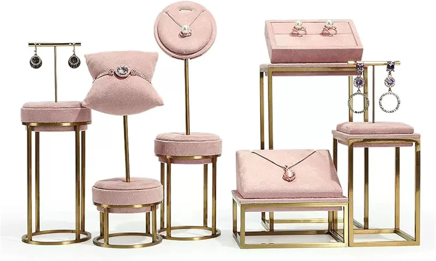 Jewelry Organizer 6 Piece Pink Velvet Jewelry Display Set Earring Holder Necklace Display Bracelet Display Set for Retail Jewelry and Home Jewelry Display Stand
