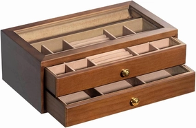 Jewelry Box, 2-Tier Jewelry Box - Drawers Cabinet Jewelry Holder Organizer witn Glass Top & Brown Velvet Lining - Clear Display Jewelry Storage Box for Ring Necklace Bracelet Watch Brown(Brown)