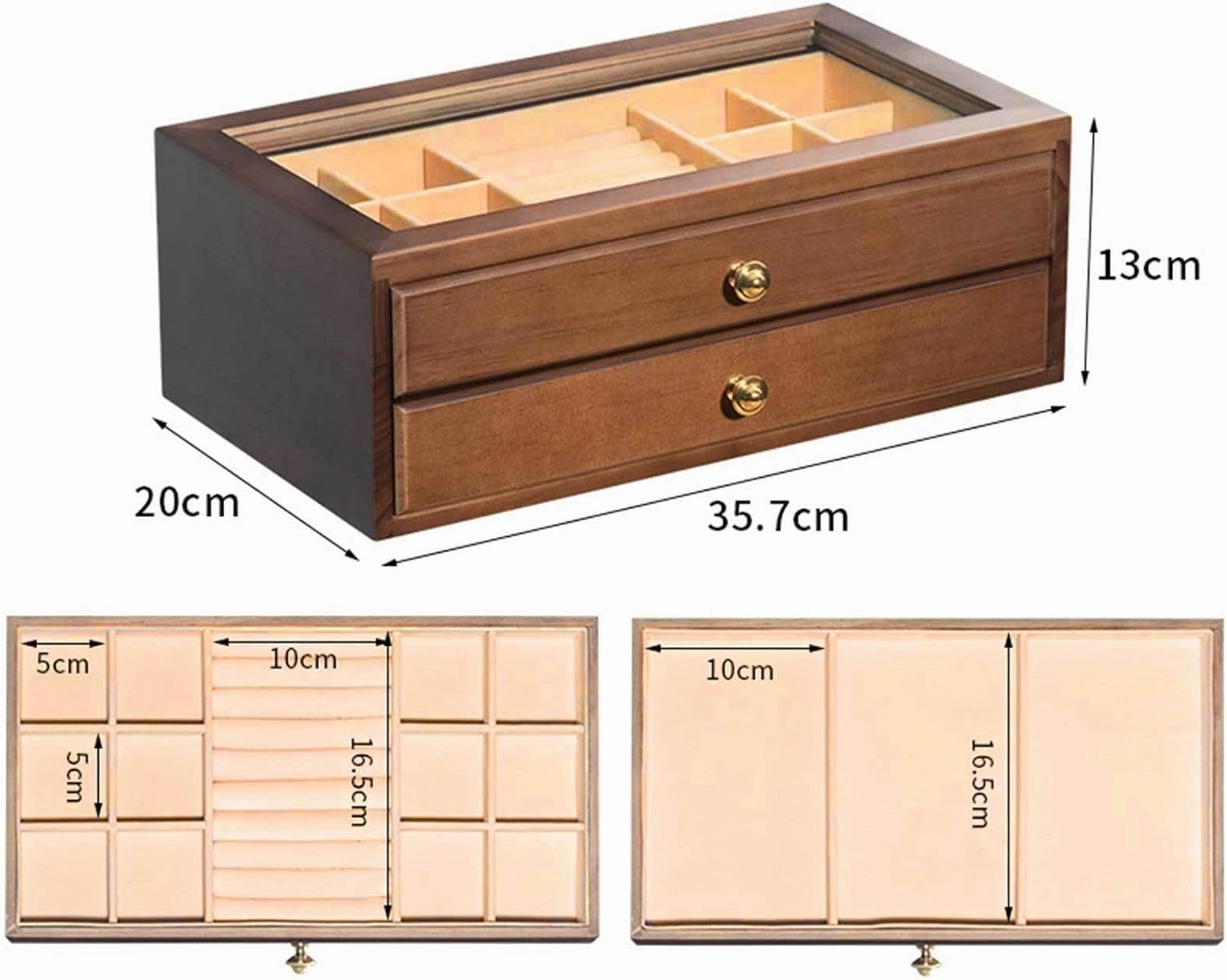 Jewelry Box, 2-Tier Jewelry Box - Drawers Cabinet Jewelry Holder Organizer witn Glass Top & Brown Velvet Lining - Clear Display Jewelry Storage Box for Ring Necklace Bracelet Watch Brown(Brown)