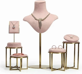 Jewelry Holder Velvet Necklace Display Bust, Pink Jewelry Necklace Organizer Set, Small Bust Jewelry Stand, Earring Holder, 5 Pieces Necklace Display for Selling Jewelry Display Stand