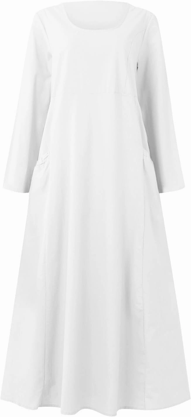 jsaierl Women Summer Cotton Linen Maxi Dress Loose Flowy A Line High Waited Dress with Pockets Long Sleeve Crewneck Dress